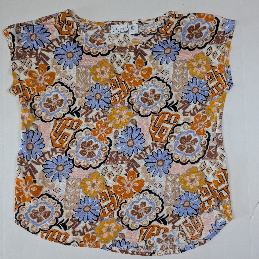 Nicole Miller Linen Top L Blue Orange Floral Short Cap Sleeve Summer Shirt